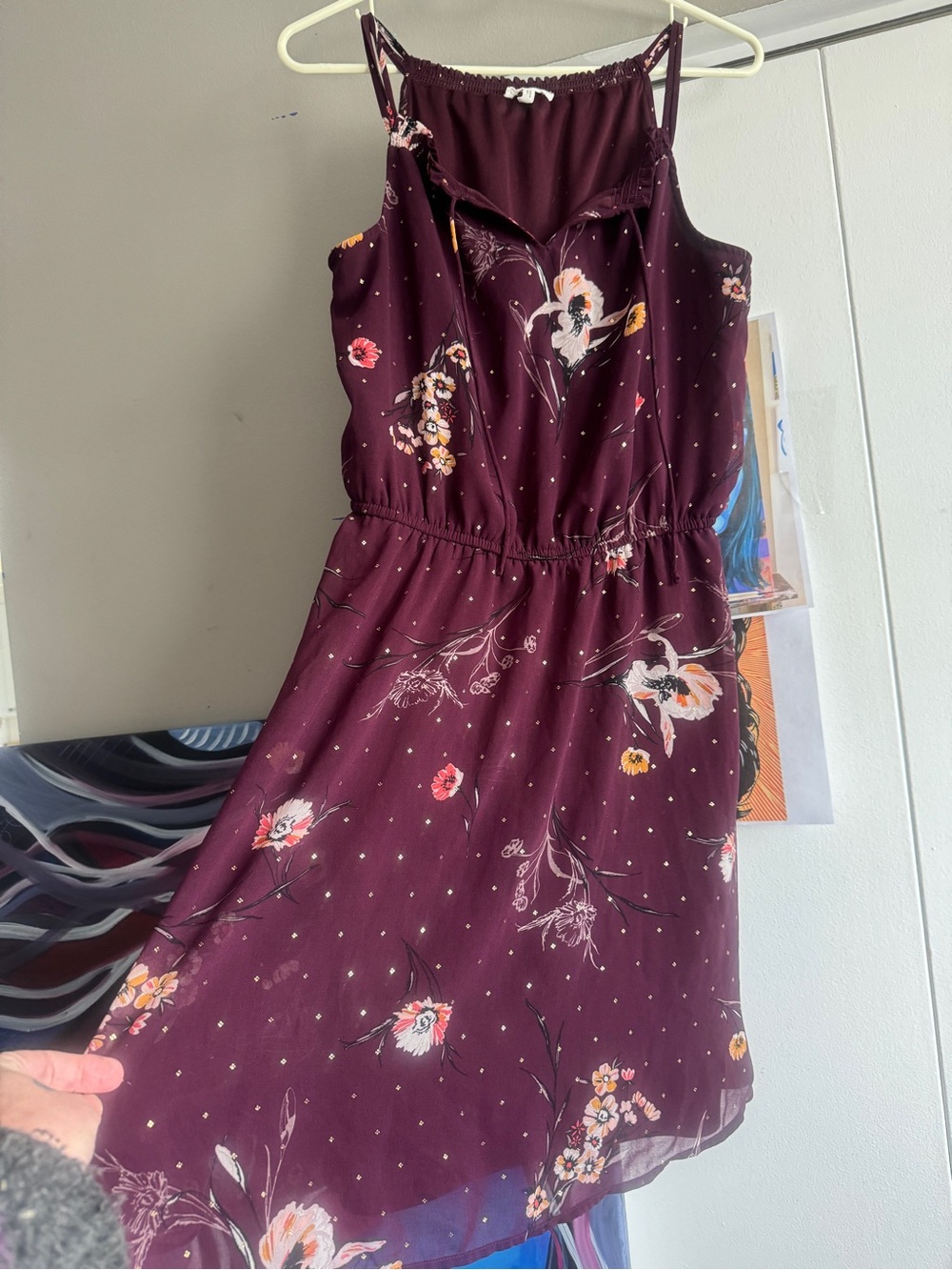 Plum Floral & Gold Foil Dot Sleeveless Dress Small - Picture 3 of 9